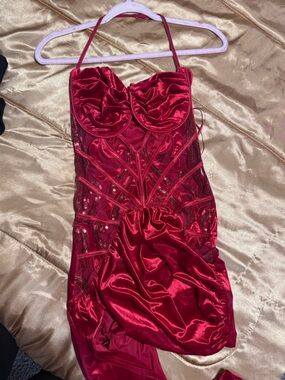 Red Satin Sequin Corset Dress
